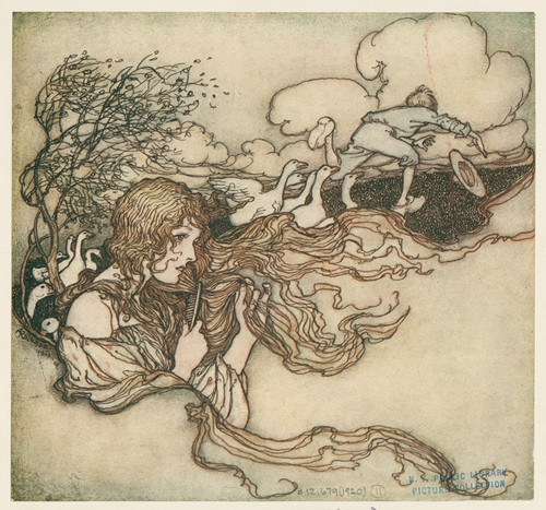 ‚ÄòBlow, blow, little breeze, And Conrad‚Äôs hat seize.‚Äô  Poster Print by Arthur Rackham