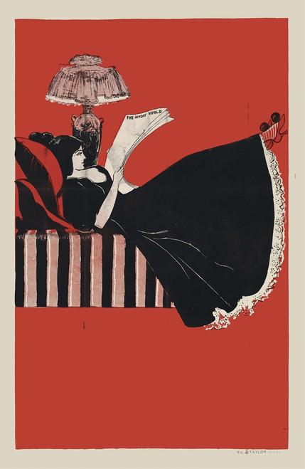 Woman lying down and reading a newspaper  Poster Print by Anonymous