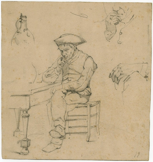 Man with a pipe sitting at a table, study of a hand, smoking man and a jar Poster Print by Floris Verster