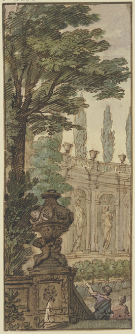 Panneau, im Vordergrund eine Vase, im Hintergrund ein Orangeriegeb√É¬§ude Poster Print by Isaac de Moucheron