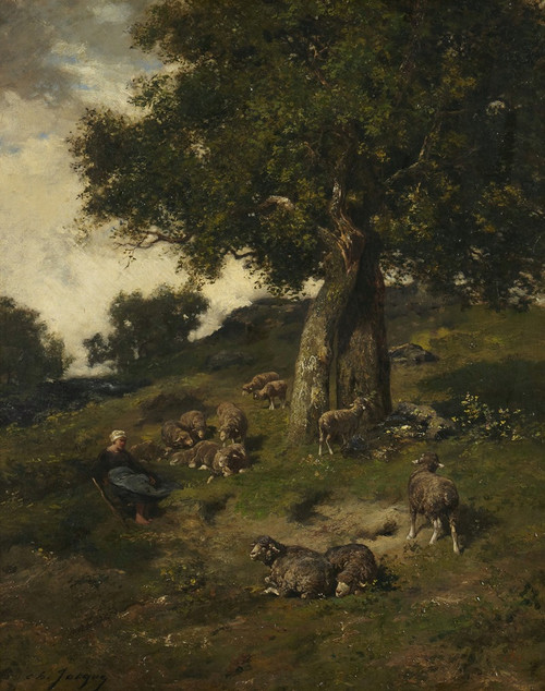 Shepherdess and Sheep Poster Print by Charles Emile Jacque