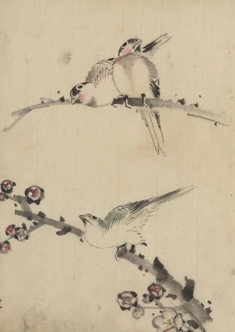 Three birds perched on branches, one with blossoms  Poster Print by Katsushika Hokusai