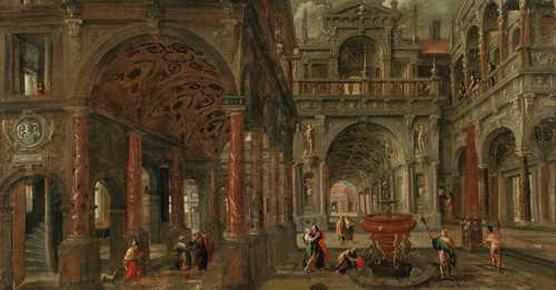 An architectural capriccio with a view of an imaginary classical palace and elegant figures Poster Print by Paul Vredeman de Vries