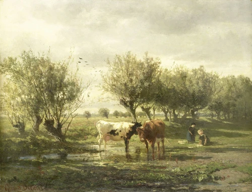 Cows at a pond  Poster Print by Gerard Bilders