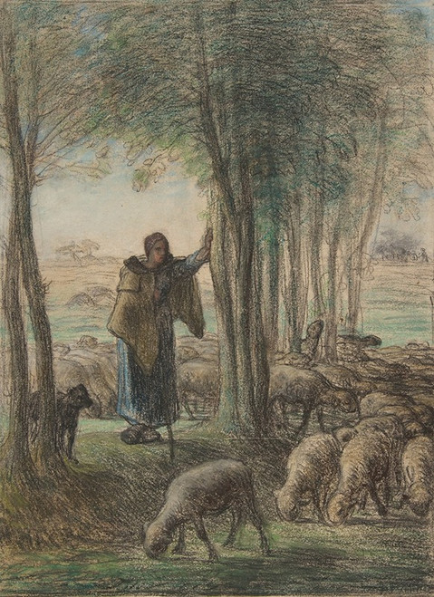 A Shepherdess and Her Flock in the Shade of Trees  Poster Print by Jean-Fran‚îú¬∫ois Millet
