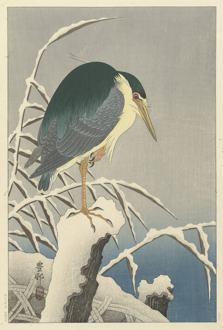 Heron in snow Poster Print by Ohara Koson