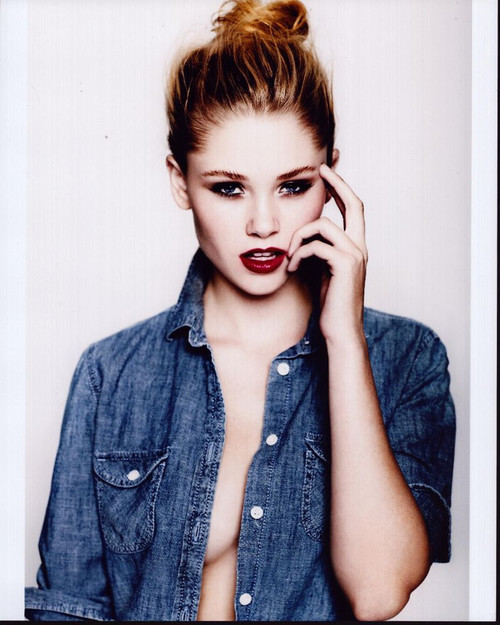 Virginia Gardner In Unbuttoned Denim Top Photo Print