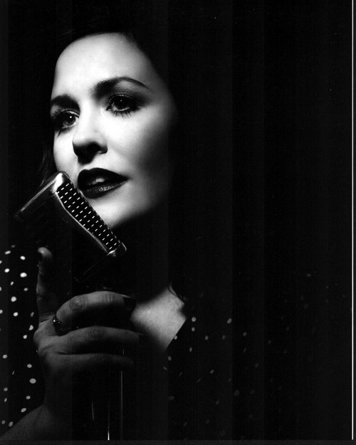 Rachael Macfarlane With Microphone Black And White Photo Print