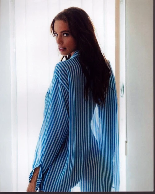 Stephanie Corneliussen In Front Of Window In Blue Striped Shirt Photo Print