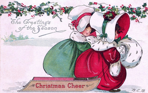 B  B.E. Christmas card Girls with Sled Poster Print