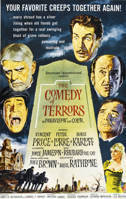 The Comedy Of Terrors Clockwise From Mid-Left: Joe E. Brown Boris Karloff Vincent Price Basil Rathbone Peter Lorre Joyce Jameson On 1-Sheet Poster Painted By Reynold Brown 1964. Movie Poster Masterprint - Item # VAREVCMCDCOOFEC066H