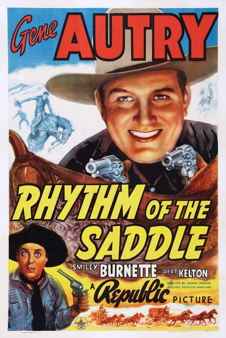 Rhythm Of The Saddle Us Poster Art Top: Gene Autry Bottom: Smiley Burnette 1938. Movie Poster Masterprint - Item # VAREVCMMDRHOFEC001H