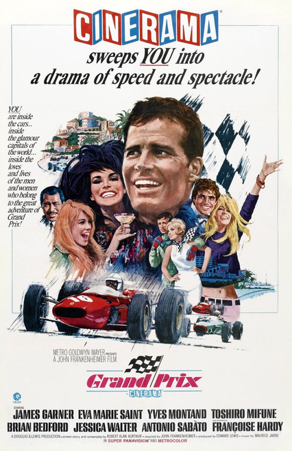 Grand Prix Top From Left: Toshiro Mifune Jessica Walter James Garner Antonio Sabato Francoise Hardy Bottom Head To Head: Yves Montand Eva Marie Saint 1966 Movie Poster Masterprint - Item # VAREVCMCDGRPREC013H