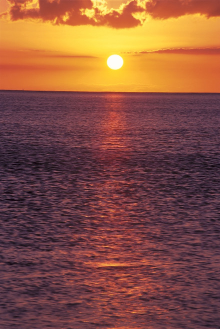 Golden Sun Ball, Sunset With Orange Sky Over Ocean Purple Surface