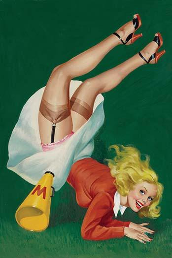 Cheerleader tumbles revealing her silk stockings and garter belt, her  megaphone with a W on it tumbles as she falls face first onto the grass  Poster Print by Peter Driben