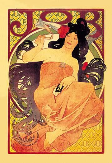 A woman from the Belle _poque era sensuously curls her toes in pleasure as  she smokes Job Cigarettes. In the late 1890s, the company hired art nouveau  artist Alphonse Mucha, as well