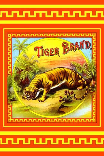 This vintage advertising is the Tiger Brand tobacco label printed by A.  Hoen & Co. lithographers of Richmond, VA. This label was printed during the  1880_s for the intention of being pasted