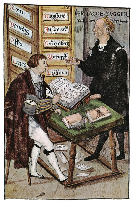 Jacob Fugger (1459-1525). /Ngerman Financier And Merchant. Fugger (Right)  In His Office In Augsburg, Germany, With His Accountant, Matth_Us Schwarz,  1516. The Drawers On The Cabinet At Rear Bear The Names Of