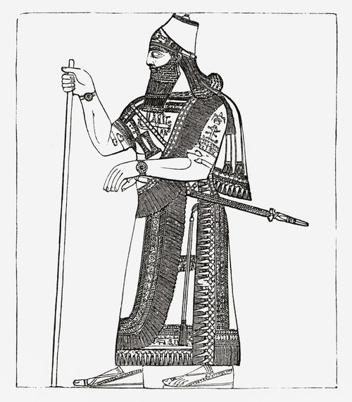 An Assyrian king. Illustration by an unidentified 19th century artist ...