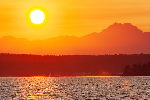 Sunset over Puget Sound- Seattle- Washington State. Silhouette of