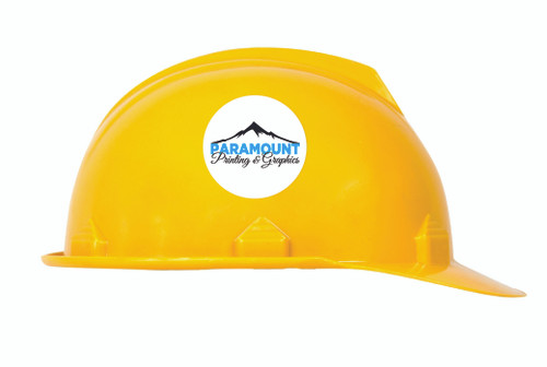 Circle vinyl hard hat stickers with custom branding and gloss lamination for industrial safety