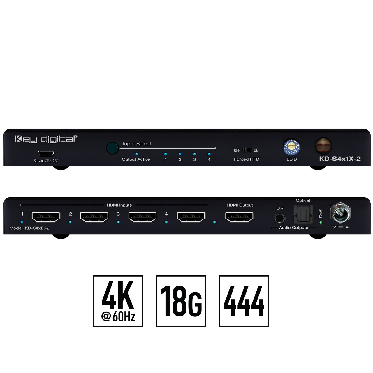 Front view of the Key Digital KD-S4x1X-2 HDMI switcher.
