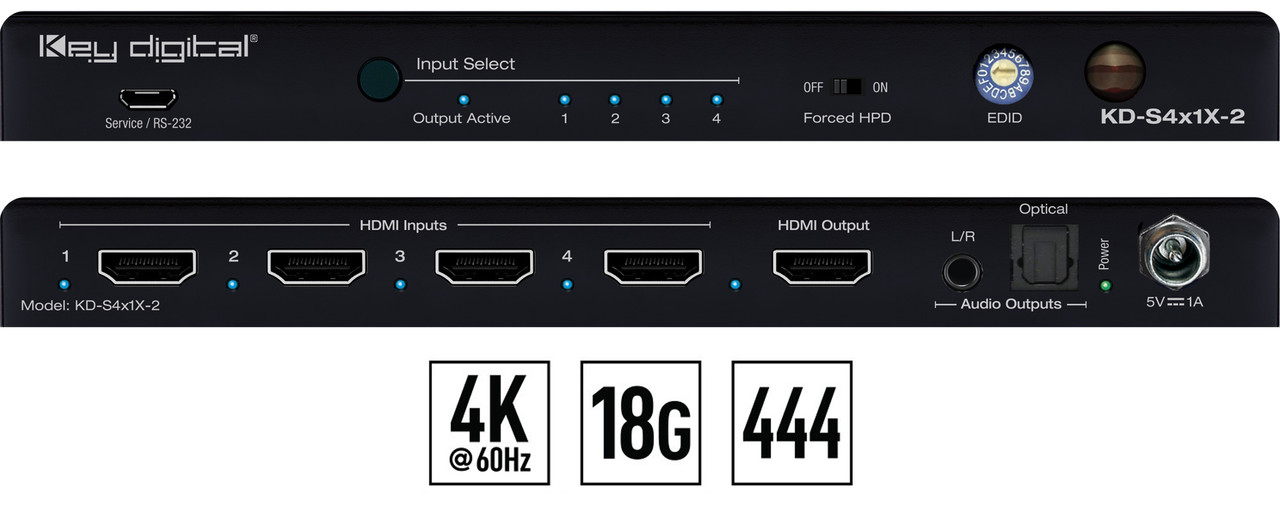 Horizontal view of the Key Digital KD-S4x1X-2 HDMI switcher.