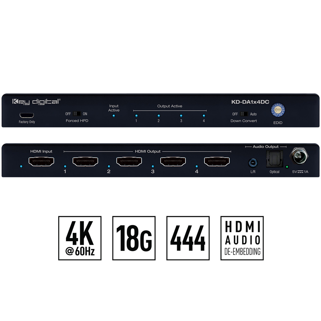 Front view of the Key Digital KD-DA1x4DC HDMI distribution amplifier.