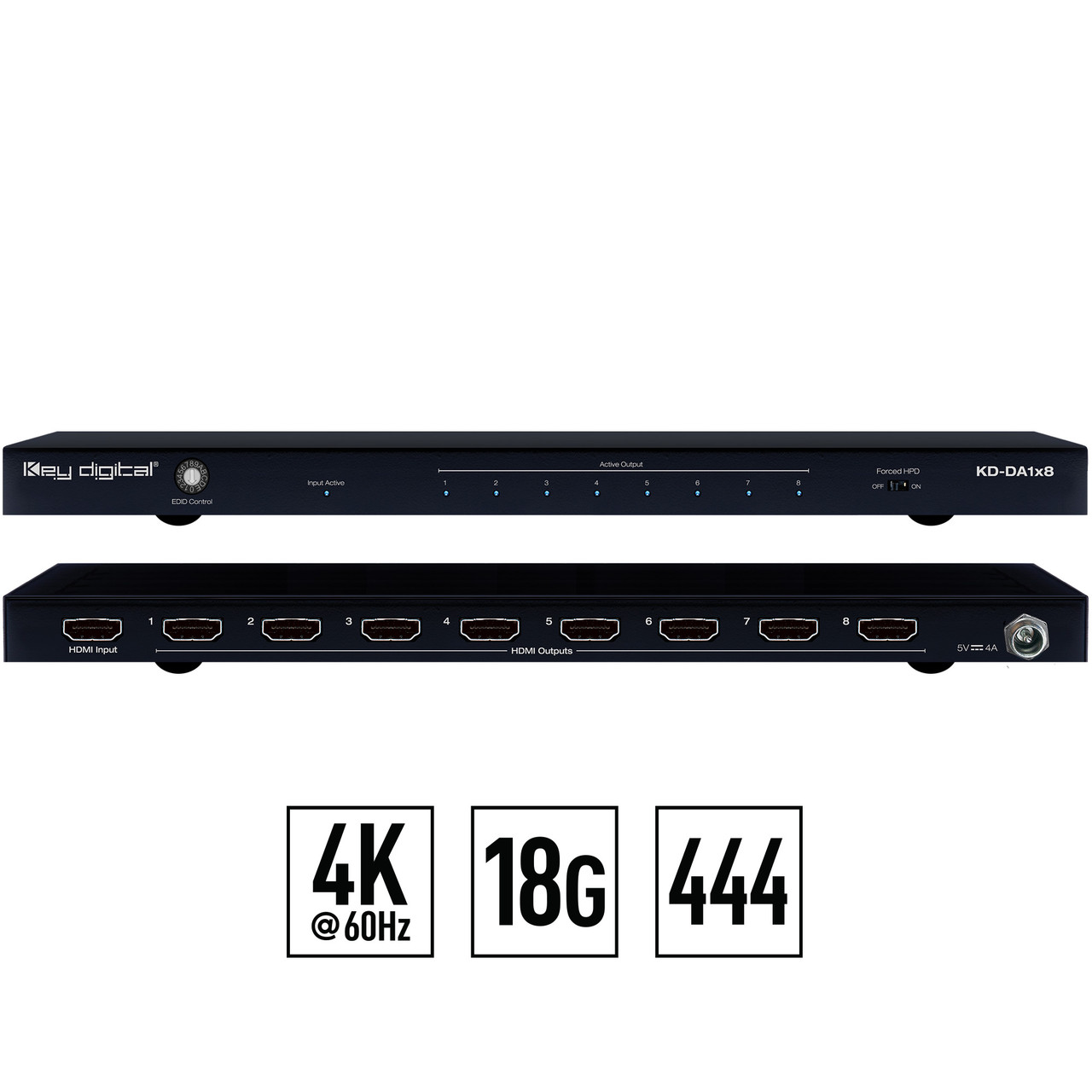 Front view of the Key Digital KD-DA1x8 HDMI distribution amplifier.