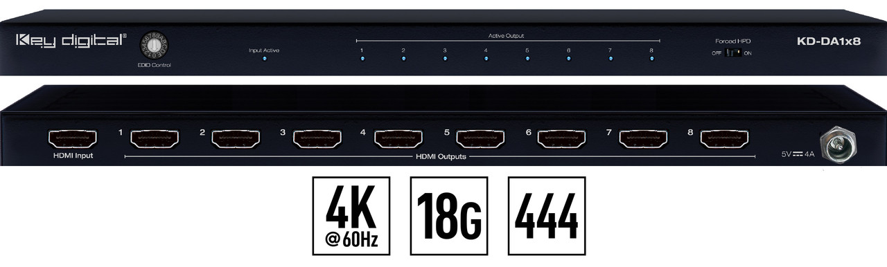 Horizontal view of the Key Digital KD-DA1x8 HDMI distribution amplifier.