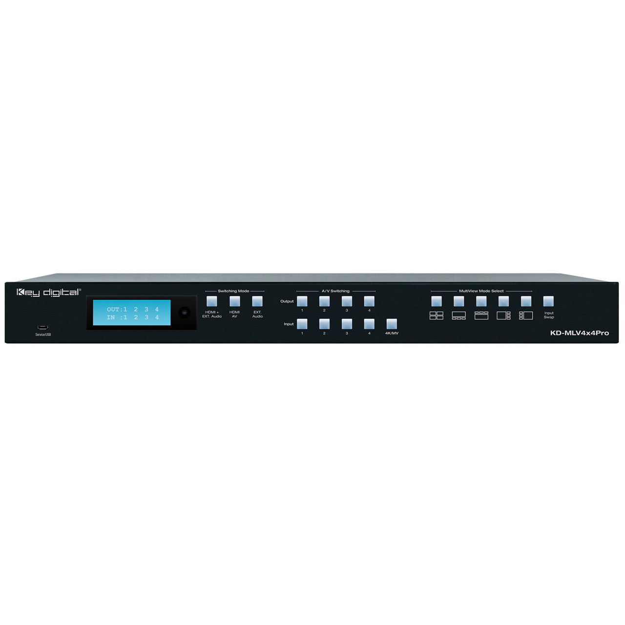 Rear view of the Key Digital KD-MLV4x4Pro multi-viewer, showing the full range of connection options.