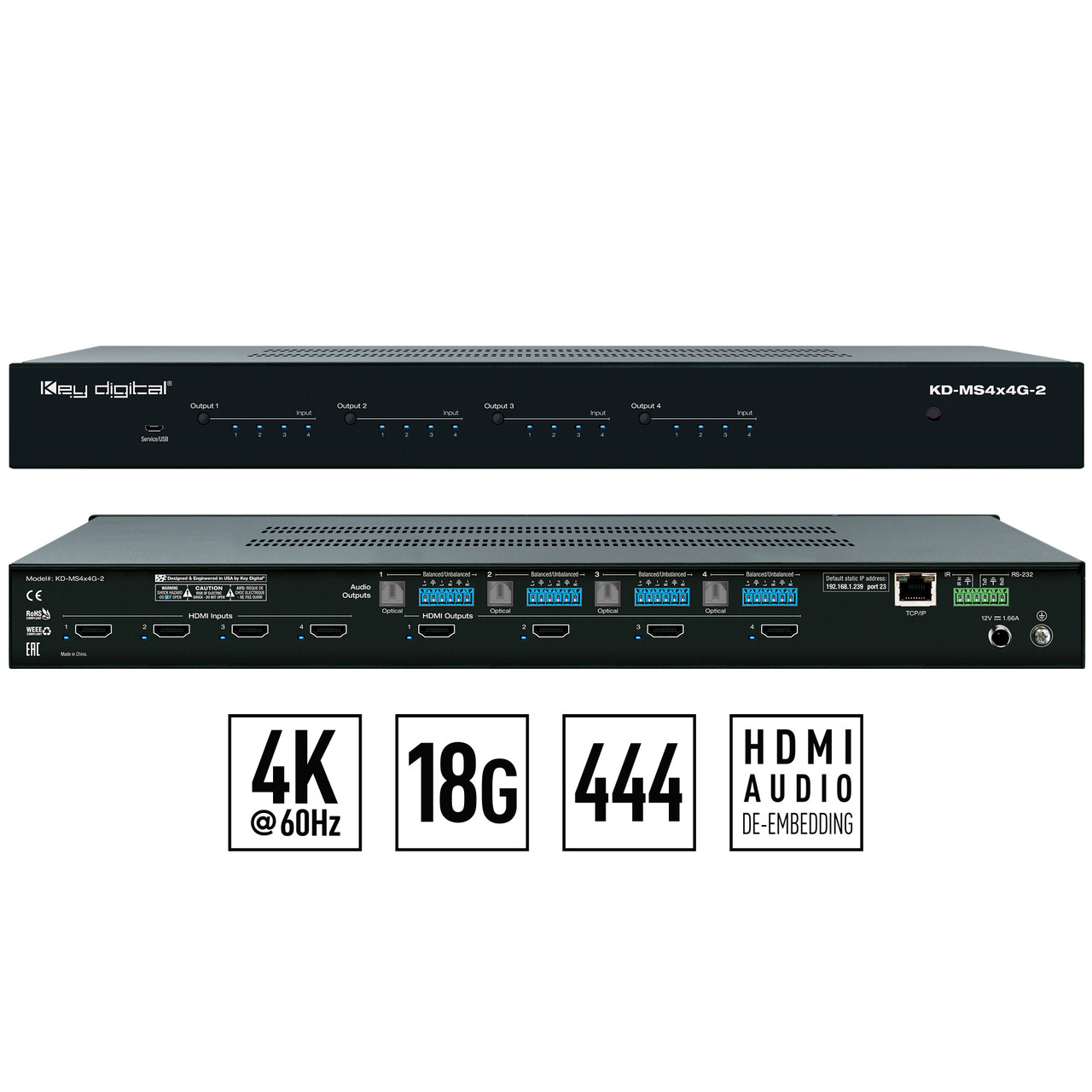Front view of the Key Digital KD-MS4x4G-2 matrix switcher, displaying input and output ports.