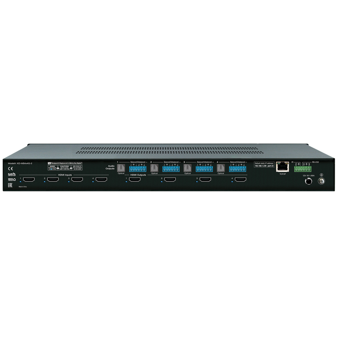 Angled view of the Key Digital KD-MS4x4G-2 matrix switcher, highlighting the compact design.