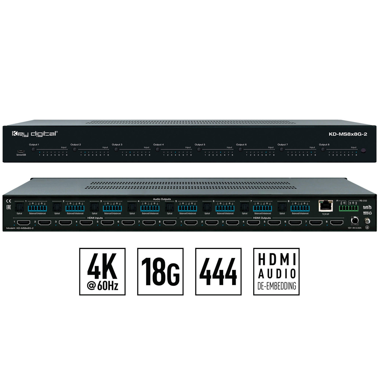 Front view of the Key Digital KD-MS8x8G-2 matrix switcher, showing all input and output ports.