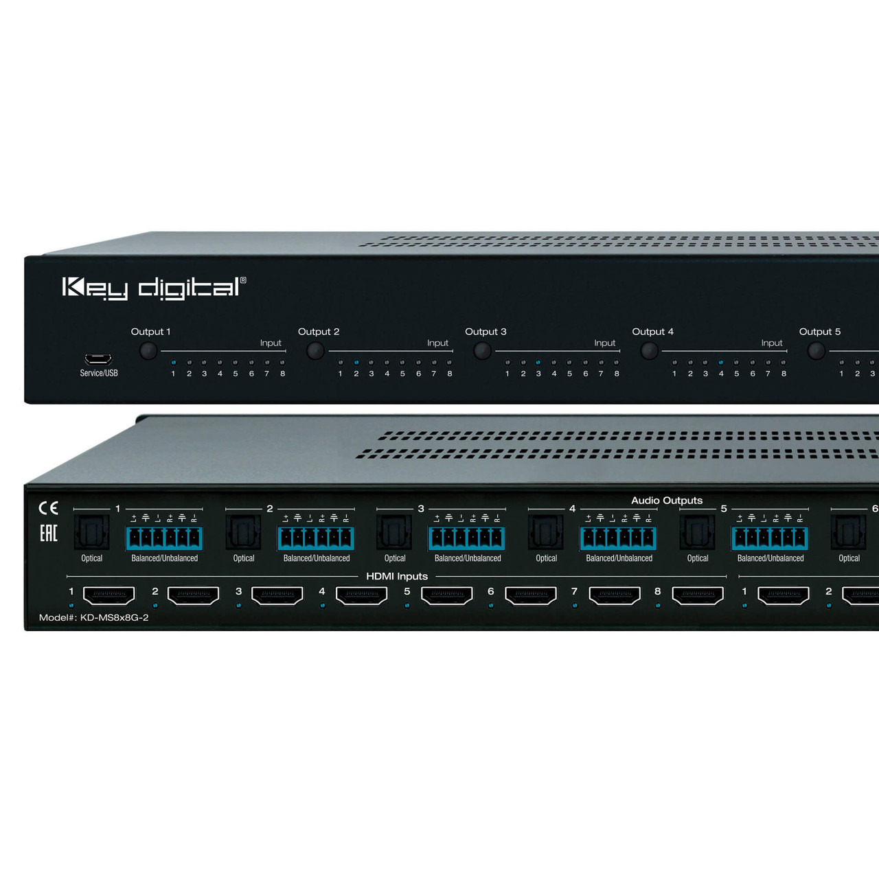 Rear view of the Key Digital KD-MS8x8G-2, highlighting the extensive connection options.
