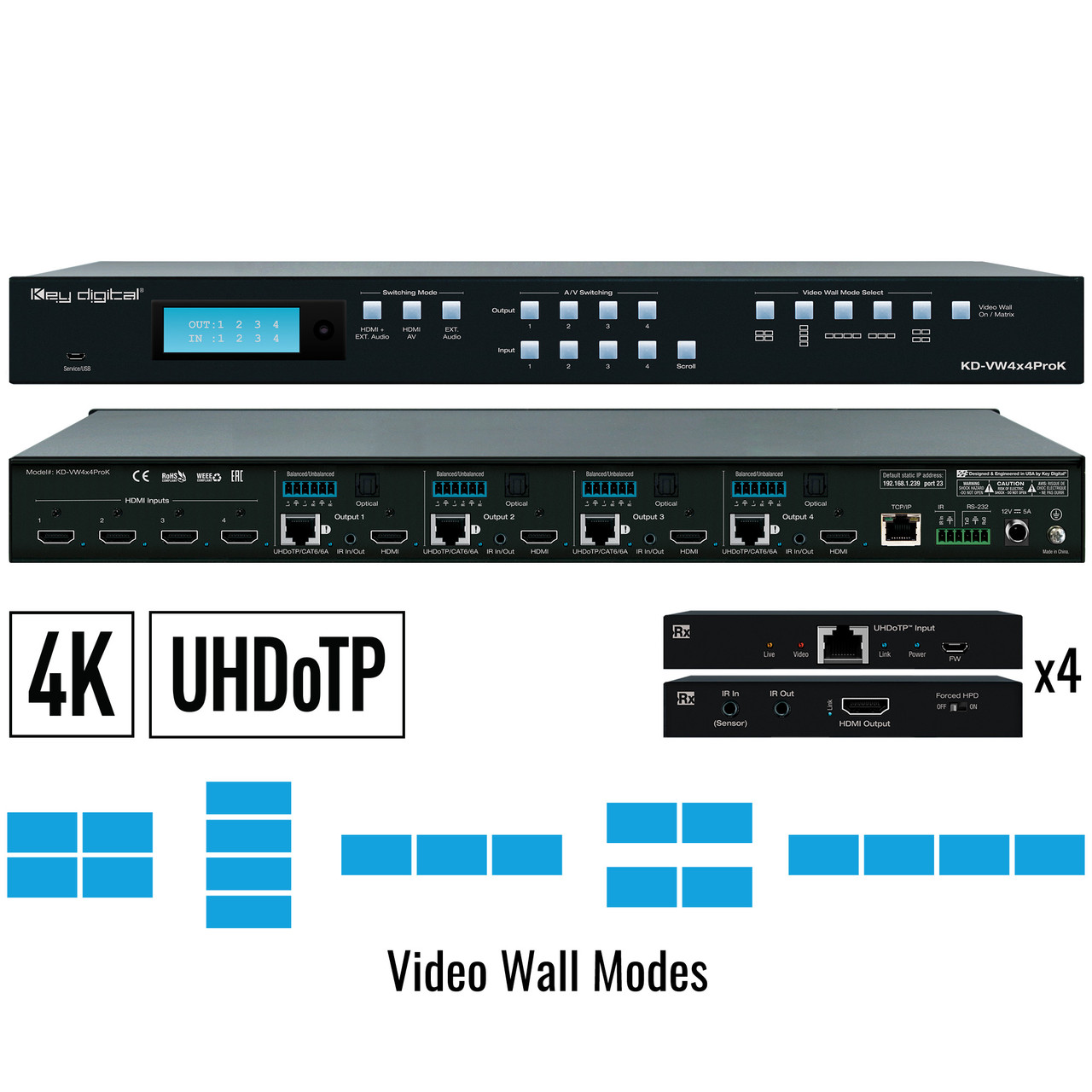 Front view of the Key Digital KD-VW4x4ProK video wall processor.