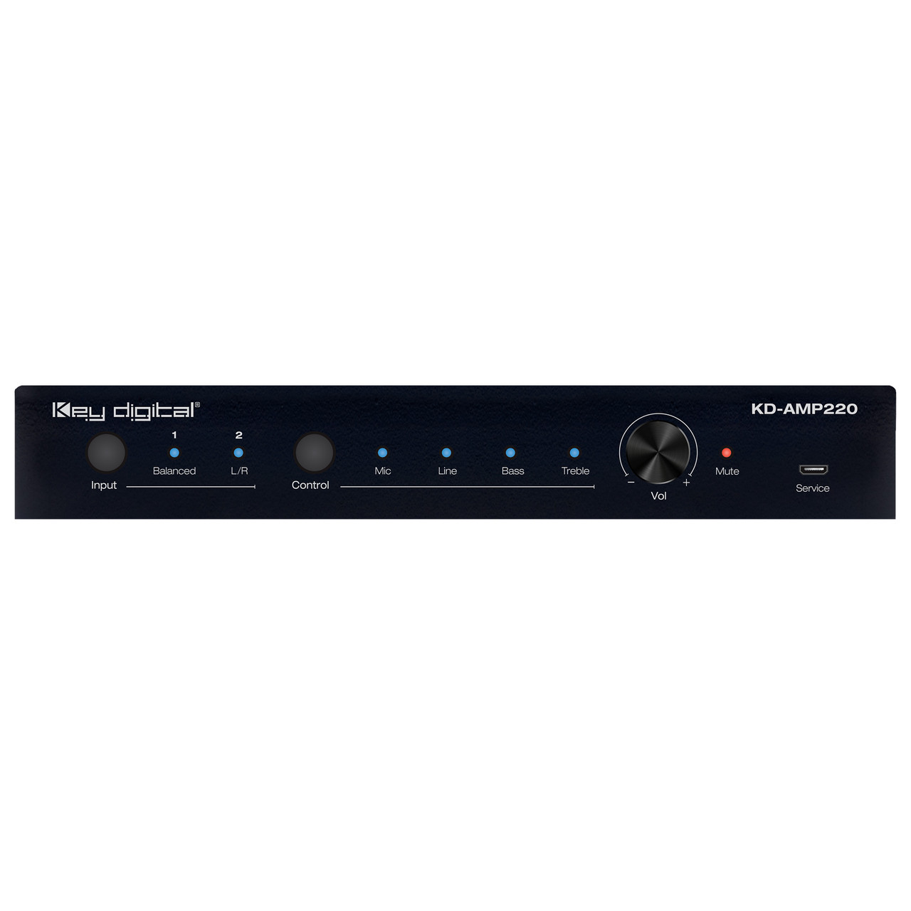 Close-up view of control panel on Key Digital KD-AMP220 amplifier.