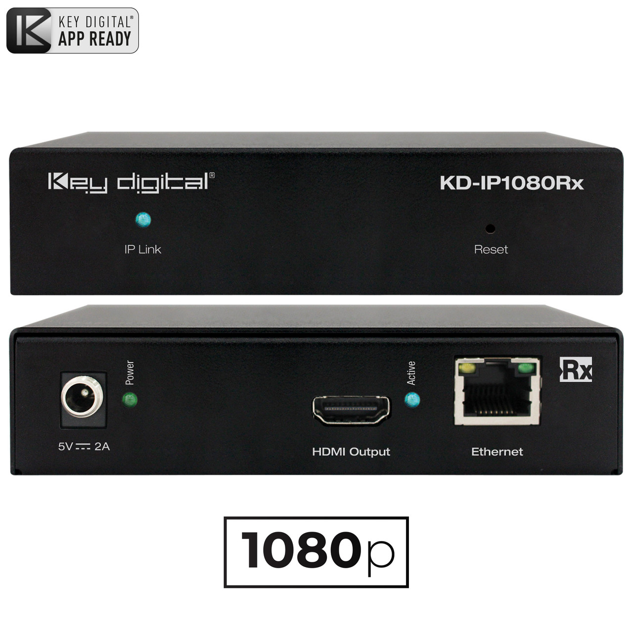 Front view of the Key Digital KD-IP1080Rx receiver, showing the device's faceplate with status LEDs.