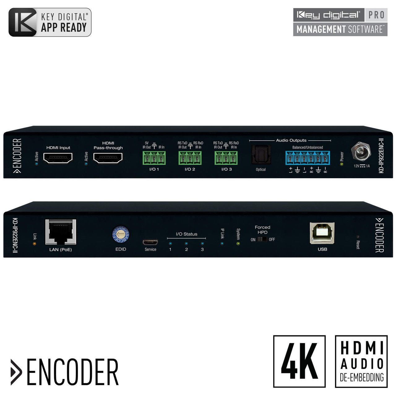 Front view of the Key Digital KD-IP922ENC-II encoder, displaying the front panel with status indicators.