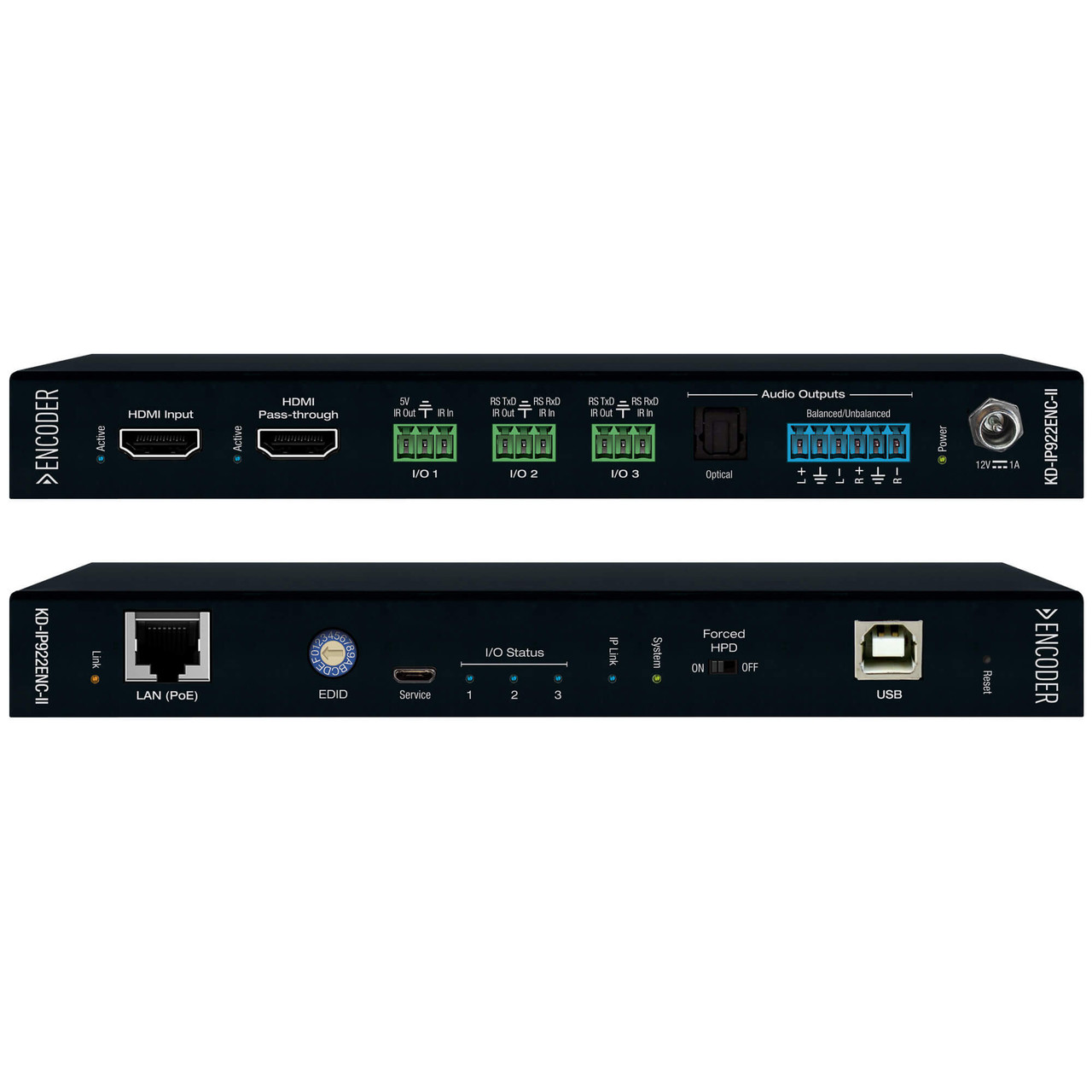 Rear view of the KD-IP922ENC-II encoder, showing the connection ports for HDMI, Ethernet, and control.