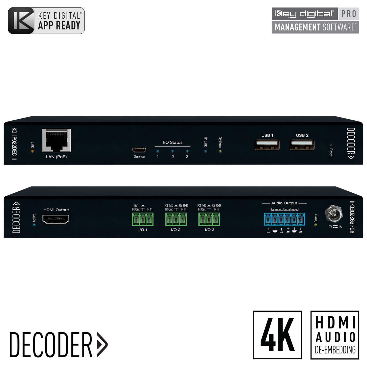 Front view of the Key Digital KD-IP922DEC-II decoder, displaying the front panel with status indicators.