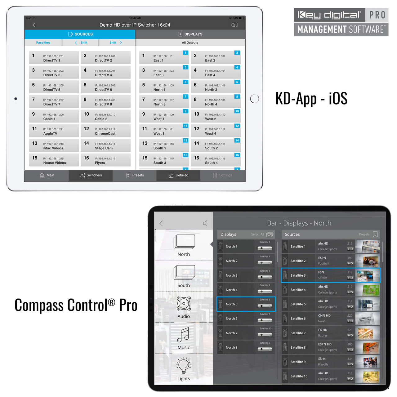 KD-IP922DEC-II decoder integrated with two different Key Digital Control Applications, demonstrating its compatibility and functionality within a control system.
