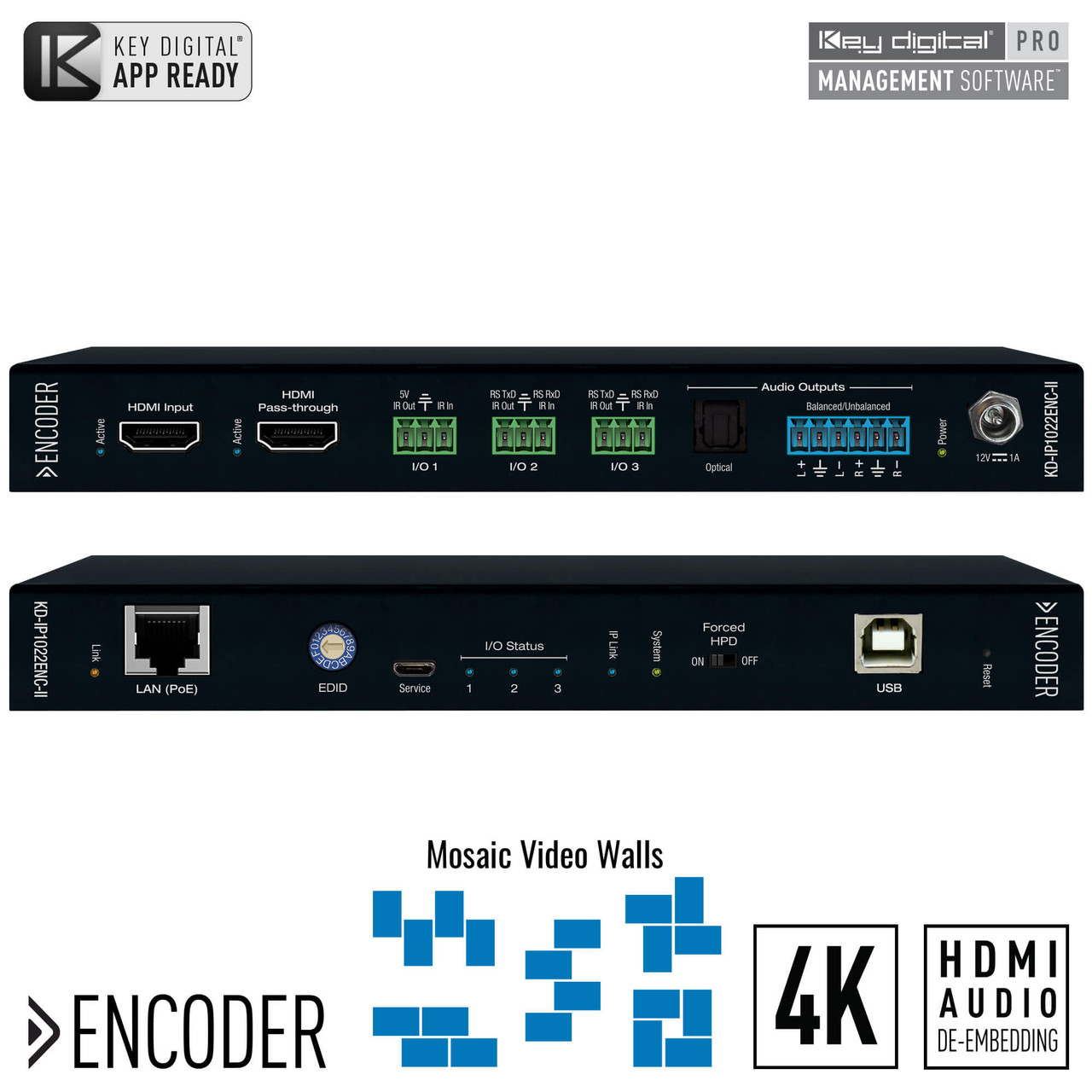 Front view of the Key Digital KD-IP1022ENC-II encoder, showing the front panel with status indicators and control buttons.