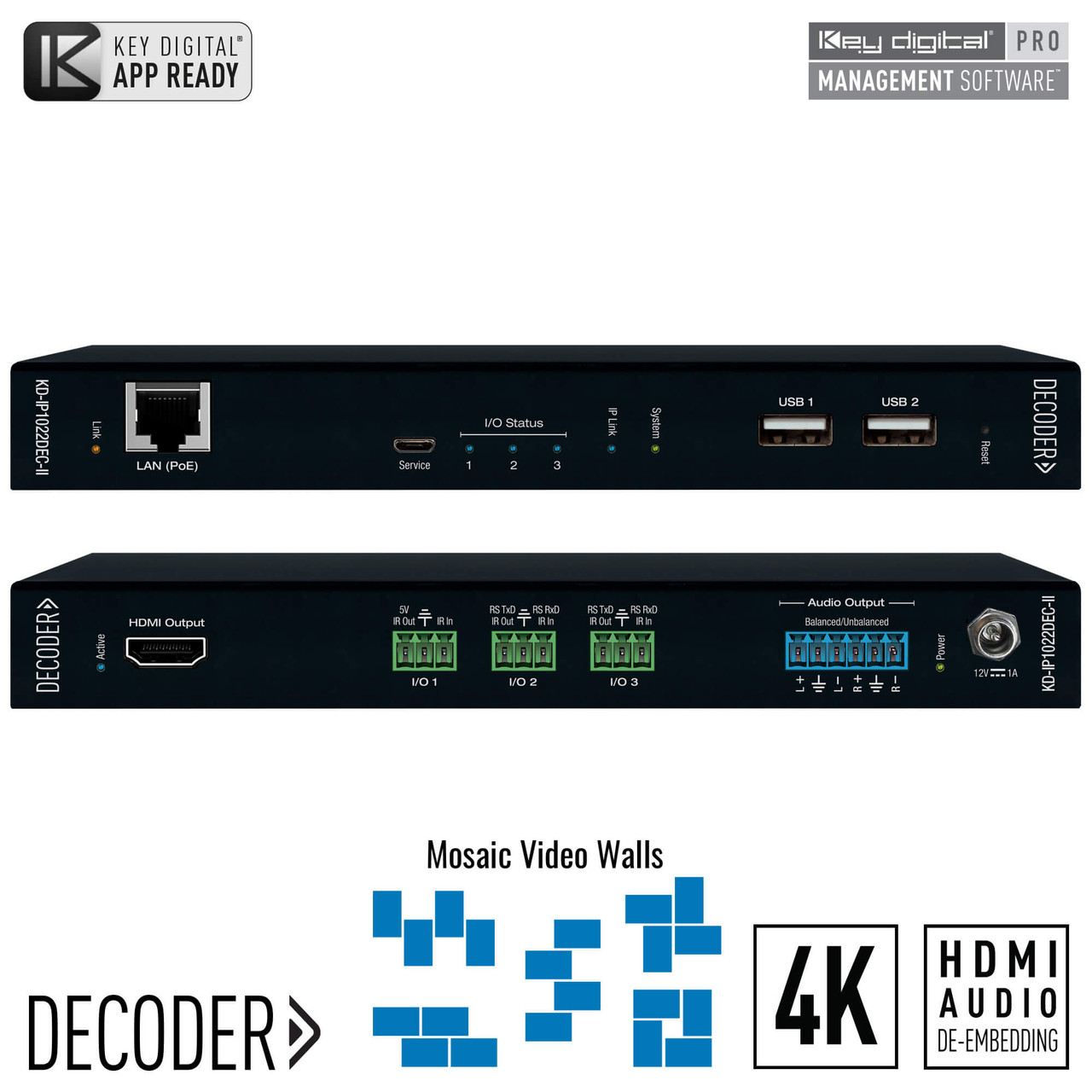 Front view of the Key Digital KD-IP1022DEC-II decoder, showing the front panel with status indicators and control buttons.
