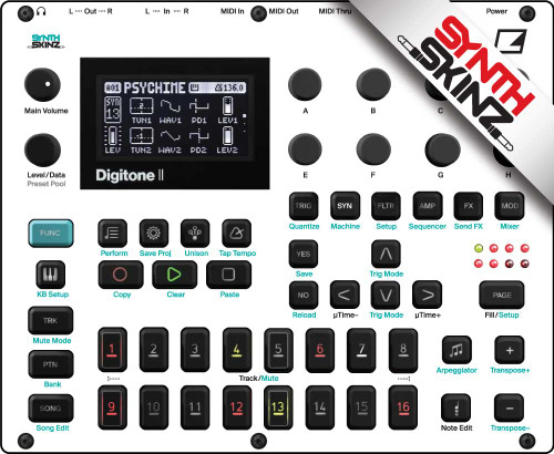 SynthSkinz Elektron Digitone II Color Skinz available in black, white (pictured), gray, red, blue, light blue and purple.  Adhesive and Magnetic Skinz options.