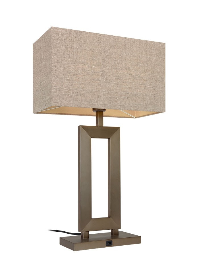 Marriot tafellamp E27 met USB brons met 3 standen-snoerdimmer.