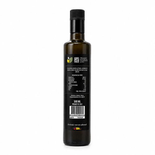 Ulisse Extra Vergine Olijfolie 500 ml achterkant van Valk Exclusief.