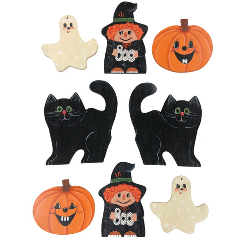 Vintage Halloween Wooden Tole Painted Decorative Cut-Out Hangers 8 Count