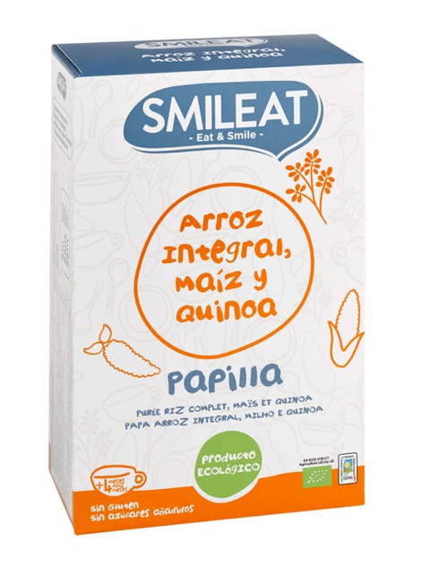 Smileat papilla ecológica de arroz, maíz y quinoa. sin gluten. 230 gрs