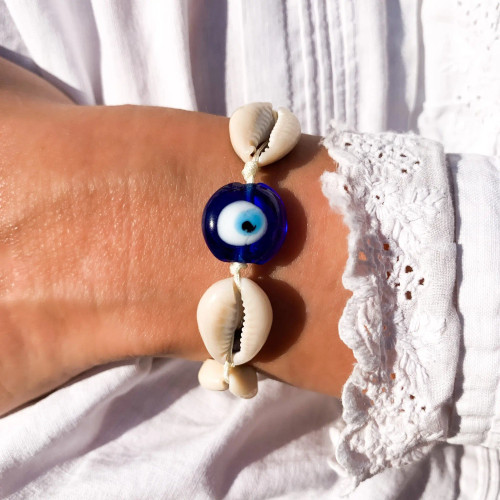 Bracelet Multi-shells with natural cowries & a greek eye